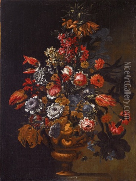Blumen In Einem Aufwandig Gestalteten Metallbehalter Oil Painting - Bartolommeo Bimbi