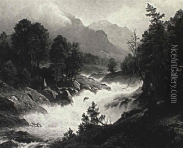 A Fisherman Along The Bank Of A Roaring River Oil Painting - August Friedrich Kessler