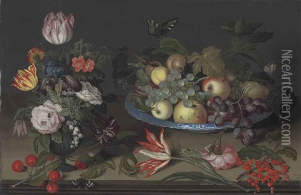Parrot Tulips, An Iris, Snowbells, And Other Flowers In A Glass Vase, With Apples, Grapes And Other Fruit In A Wan-li Kaak Dish... Oil Painting - Johannes Bosschaert