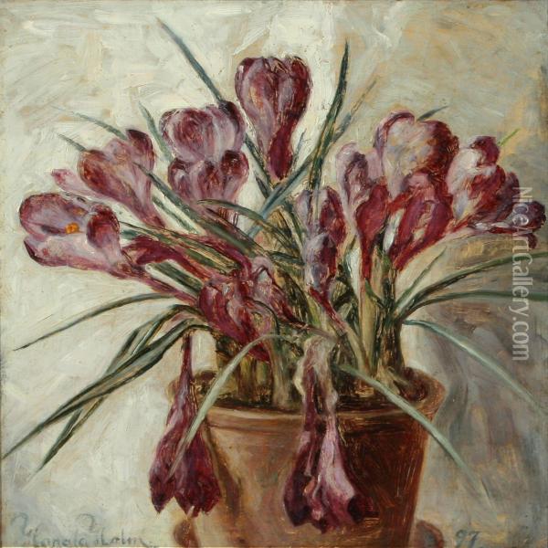 Still Life With Mauvecrocus In A Pot Oil Painting - Harald Martin H. Holm