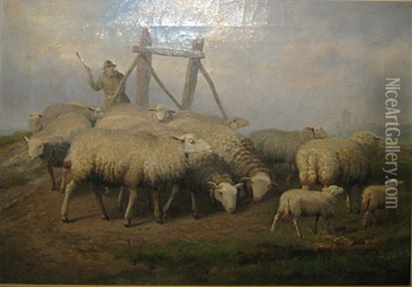 Herder Met Zijn Schapen Oil Painting - Jef Louis Van Leemputten
