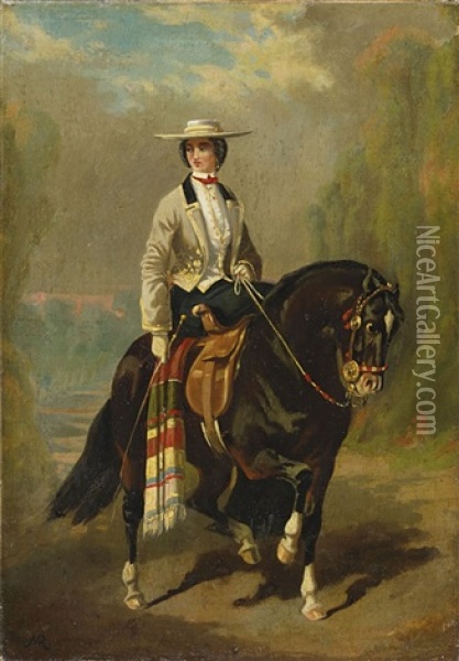 Dame Auf Einem Schwarzen Pferd Oil Painting - Johann Moritz Rugendas
