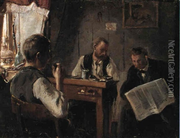 Interior Fra Et Skomagervaerksted, Politisk Diskussion Oil Painting - Laurits Andersen Ring