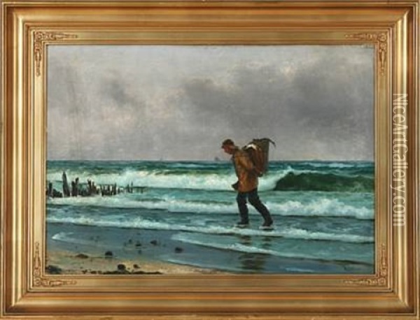 Fisherman On The Beach With A Basket With Today's Catch On His Back Oil Painting - Holger Luebbers