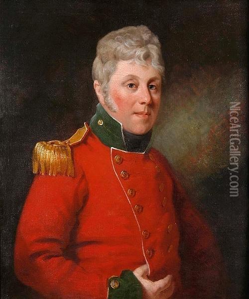 A Portrait Of An Officer In Scarlet Uniform Oil Painting - Joseph Clover