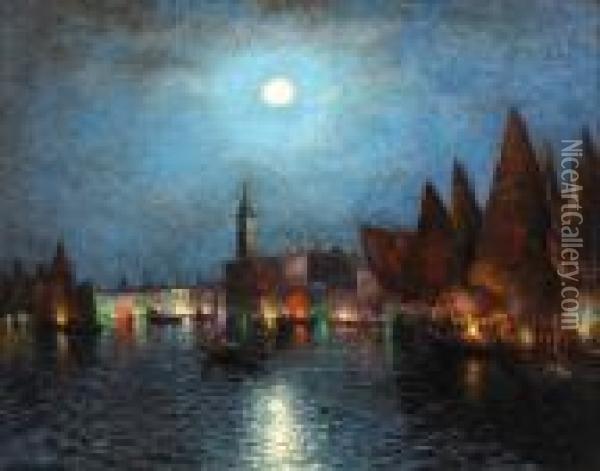 Venice Under A Moonlit Sky Oil Painting - Dey De Ribcowsky