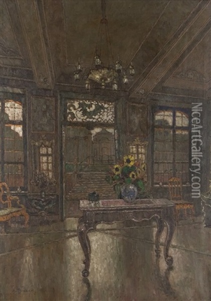 Hofisches Interieur Mit Geoffnetem Glasportal Oil Painting - August Von Brandis
