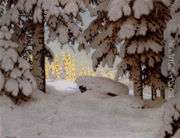 Vinterlandskap Med Solbelysta Granar Oil Painting - Gustaf Fjaestad