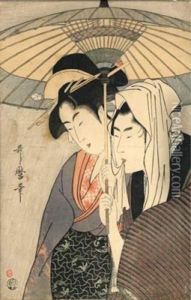 Un Couple Sous Une Ombrelle. Oil Painting - Kitagawa Utamaro