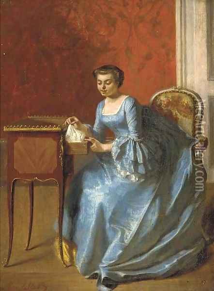 An elegant lady in her boudoir Oil Painting - Adolphe Francois Monfallet