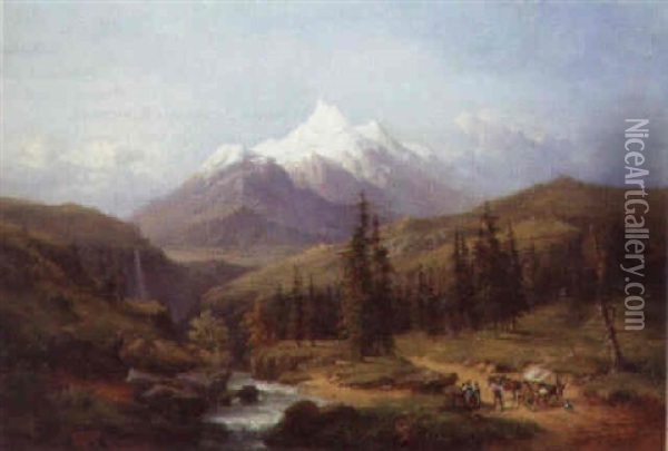 Travellers On A Track In An Alpine Valley With Mountains Beyond Oil Painting - Henri Baumgartner
