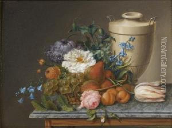 Nature Morte Au Panier De Fleurs Et De Fruits Pres D'un Vase Neo-grec Sur Un Entablement Oil Painting - Christiaan van Pol