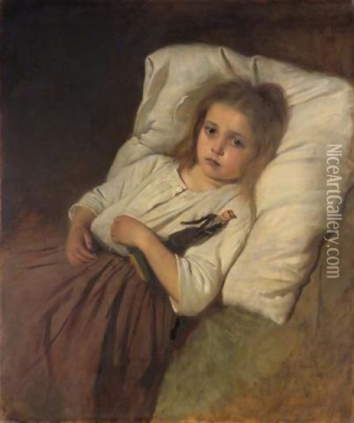A Little Girl Lying On A Bed, With Her Doll Oil Painting - Tobias Edward Rosenthal