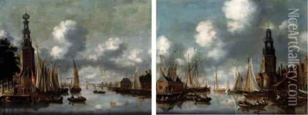 The Montelbaanstoren With The Oude Schans, Amsterdam Oil Painting - Thomas Heeremans