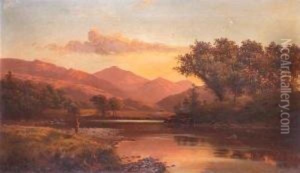 Tranquil River Landscape, Probably Northwales Oil Painting - Francis Muschamp