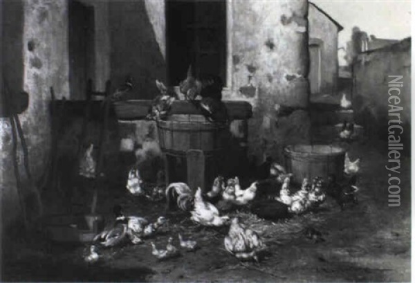 Chickens, Ducks And A Pheasant In A Farmyard Oil Painting - Philibert-Leon Couturier