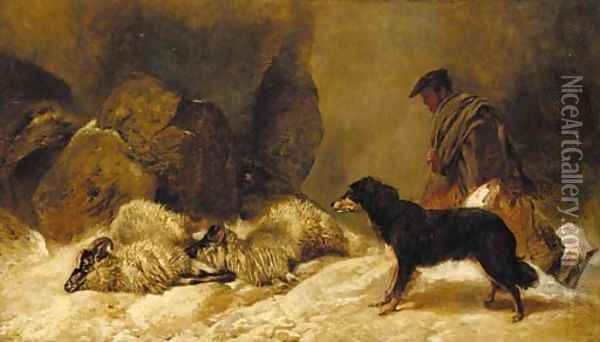 Lost, a shepherd with a dog and sheep in a snowy landscape Oil Painting - Richard Ansdell