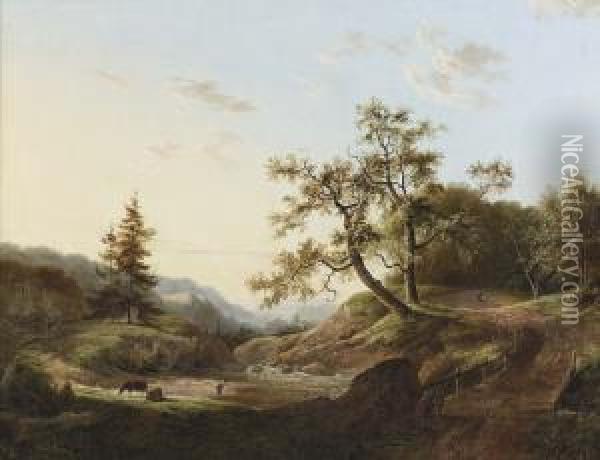 Stelzenlaufer In Einer Bewaldeten Flusslandschaft. Oil Painting - Willem De Klerk
