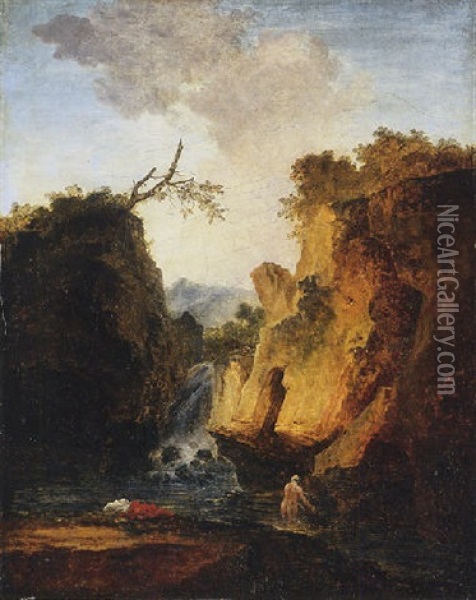 A Rocky Landscape With A Waterfall And A Woman Bathing Oil Painting - Hubert Robert
