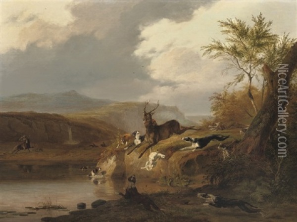The Stag Hunt (colab W/a. Van Der Bruggen) Oil Painting - Pierre Louis Dubourcq