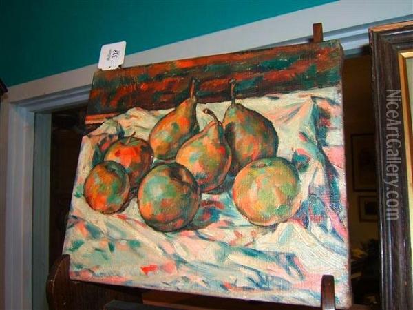 Still Life Of Fruit On A White Cloth Oil Painting - Paul Cezanne