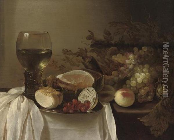 A Roemer Of Wine, A Pewter Platter With A Bread Roll, A Bowl Of Raspberries, A Joint Of Ham, Peaches And Grapes On A Partly-draped Table Oil Painting - Cornelis Cruys