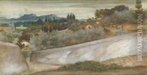 A Tuscan landscape with village and olive grove Oil Painting - John Roddam Spencer Stanhope