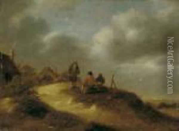 Dunenlandschaft Mit Drei Sich Unterhaltenden Mannern Oil Painting - Claes Molenaar (see Molenaer)