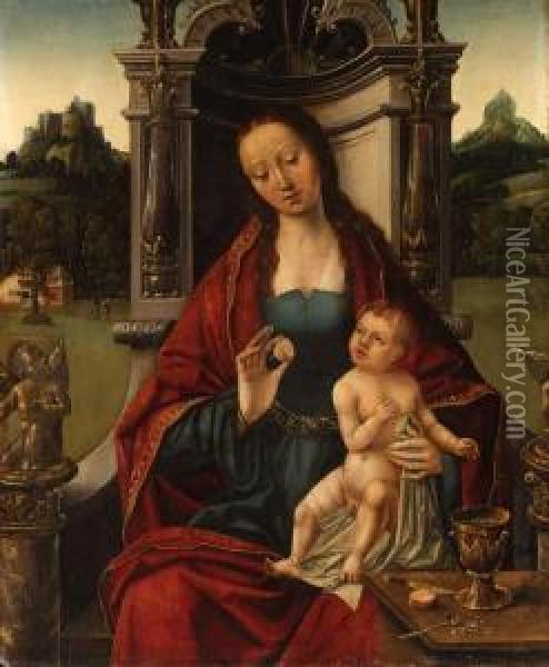 The Virgin And Child Enthroned, A Hilly Landscape With A Castlebeyond Oil Painting - Italian Unknown Master