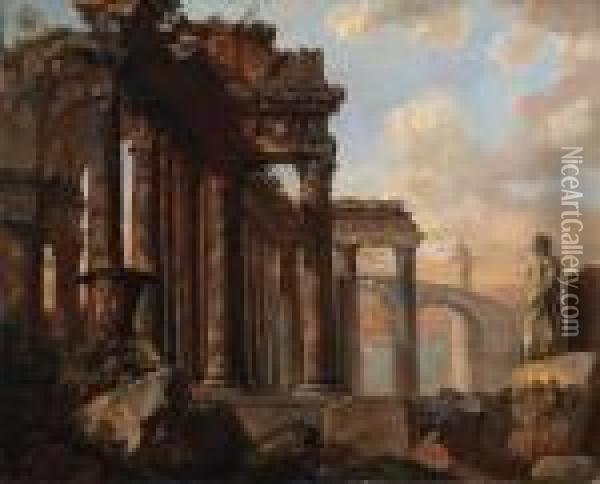 A Capriccio Of Classical Ruins 
With The Farnese Hercules, Abas-relief Of Marcus Aurelius Entering Rome 
And Trajan's Column Inthe Distance Oil Painting - Giovanni Niccolo Servandoni
