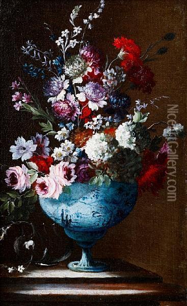 Roses, Carnations, Jasmine And 
Other Flowersin A Blue And White Porcelain Vase On A Stone Ledge; And 
Roses,peonies, Jasmine And Other Flowers In A Blue And White 
Porcelainvase On A Stone Ledge Oil Painting - Gasparo Lopez