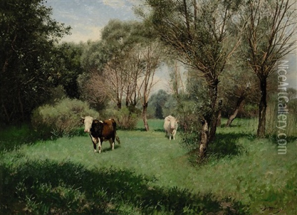 Kuhe Unter Baumen (am Altrhein Bei Worth) Oil Painting - Julius Hugo Bergmann