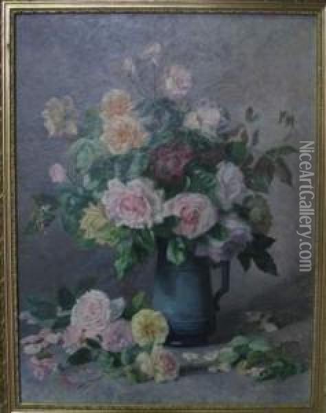 Bouquet De Roses Au Pot D'etain Oil Painting - Daniel Merlin