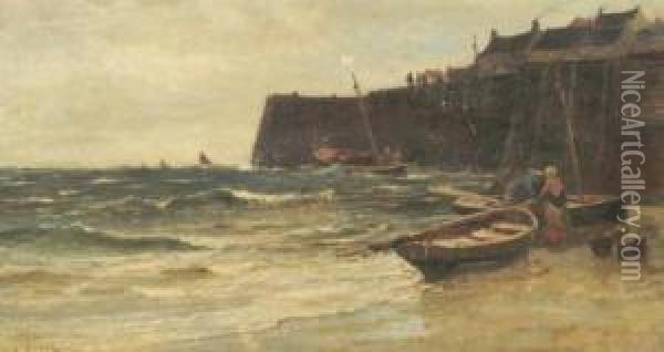 Harbour Scene With Fisherfolk Oil Painting - Edwin Ellis