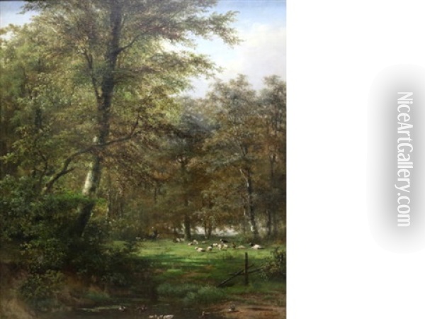 A Wooded Landscape With Sheep And Cattle In A Meadow Oil Painting - Francois Vandeverdonck