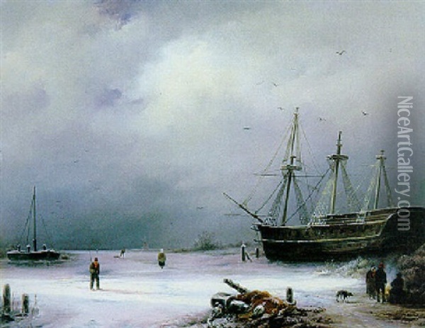 Figures Near A Tall Ship On A Frozen River Oil Painting - Anton Braakman