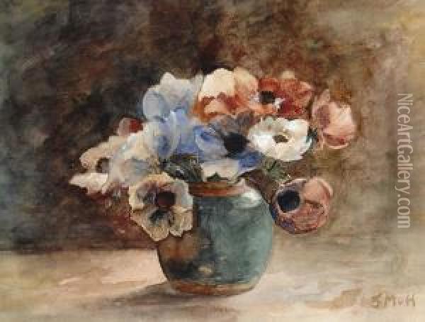 Anemonies In An Earthenware Vase Oil Painting - Sientje Mesdag Van Houten
