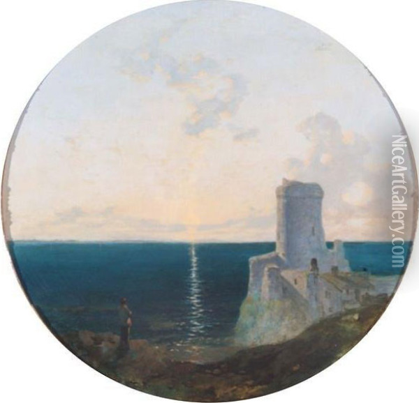 A Coastal Sunset With Castle Ruins And Figure Looking Out Towards The Horizon Oil Painting - William James Blacklock