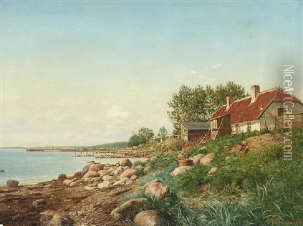 Costal Scenery With Fishermen's Houses Oil Painting - Niels Christian Hansen