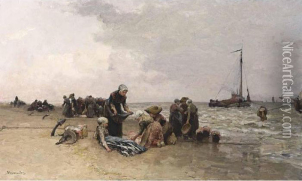 Sorting The Catch Oil Painting - Bernardus Johannes Blommers