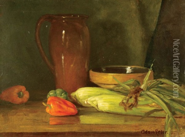 Still Life With Peaches And Still Life With Corn And Pitcher Oil Painting - Adam Lehr