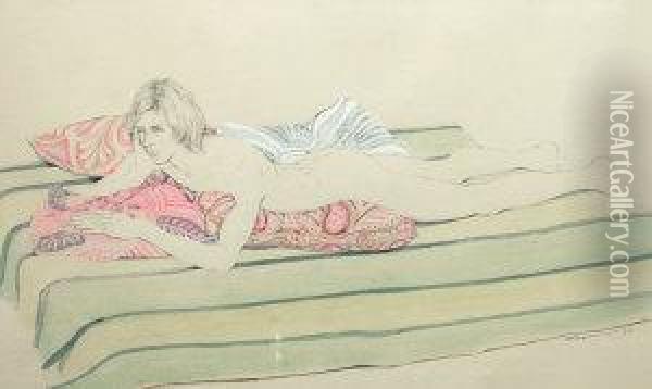 Circa 1970- Reclining Male Nude, Full-length On A Bed; Pencil Oil Painting - G. Davis