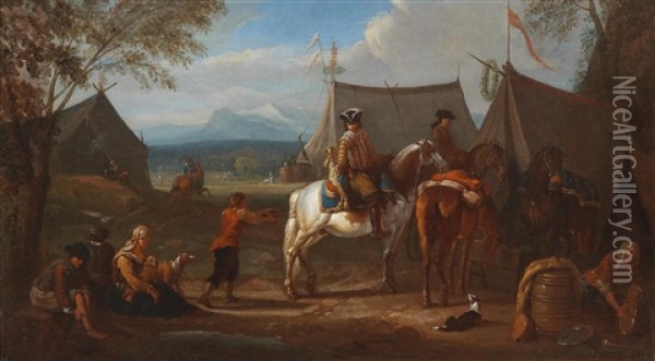 A Military Camp Oil Painting - August Querfurt
