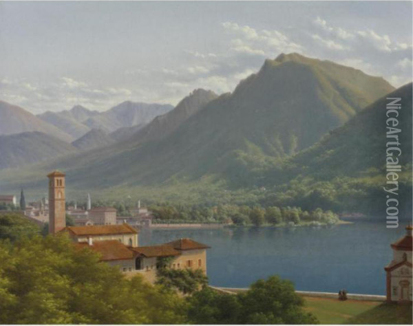 View Of Lake Lugano With The Church Of Santa Maria Degli Angeli And Mont San Giorgio Oil Painting - Lancelot Theodore Turpin De Crisse