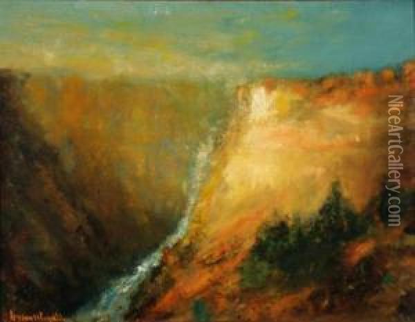 View Of Grand Canyon With Waterfall Oil Painting - Lucien Whiting Powell