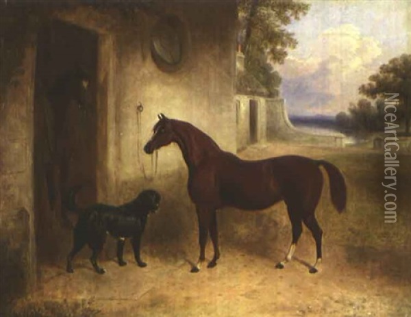 Braunes Pferd Und Hund Vor Stall Oil Painting - Edward Walter Webb