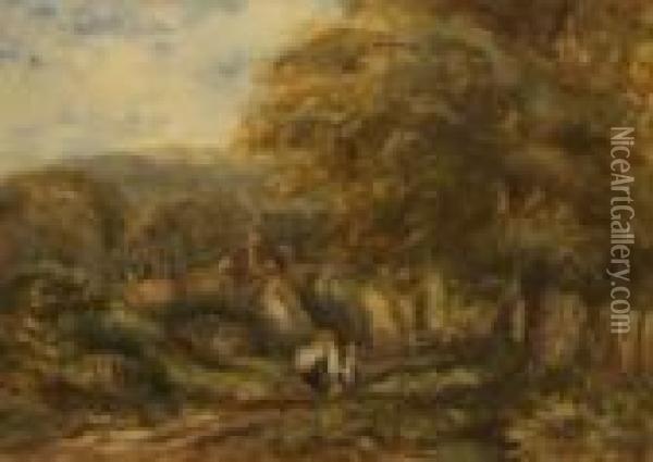 Figures In A Wooded Lane By Cottages Oil Painting - David Cox
