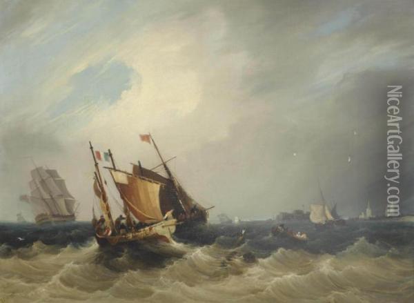 Fishing Trawlers And A Royal Navy Frigate In French Waters Off Calais Oil Painting - Frederick Calvert