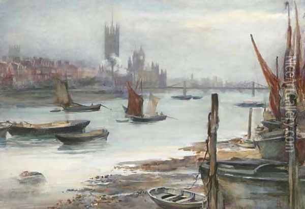 View across the Thames towards Westminster Oil Painting - English School