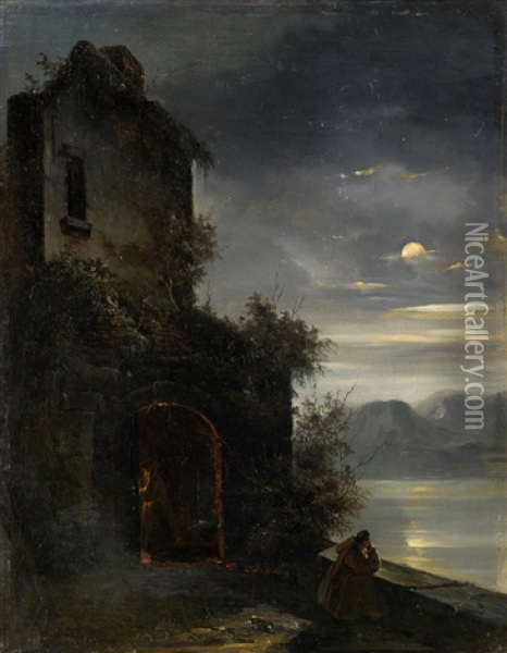 Moine Au Clair De Lune Oil Painting - Desire Donny